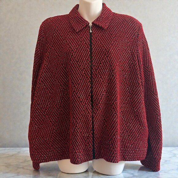 Alfred Dunner Petite Red & Black Metallic Knit Zip-Front Jacket | Size 12P - Picture 2 of 12